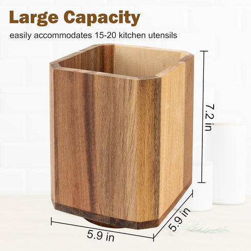 RedCall Acacia Wood Utensil Holder, 360° Rotating Large Cooking Organizer, Spoon Spatula Holder for Kitchen Counter