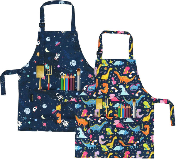 BeeGreen Kids Apron 2 Pack with Adjustable Strap, Front Pocket for Girls Toddler Painting Baking (Dinosaurs+Space