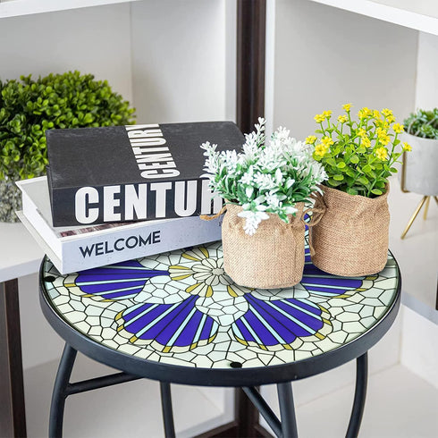 12 Inch Arbuxzuy Small Outdoor Side Table with Blue Morning Glory, Glass Mosaic Patio Table Indoor, Round Plant Coffee