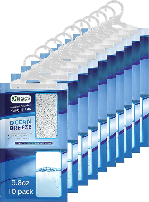 Ocean Breeze Hanging Moisture Absorber, 10 Pack - Eliminates Musty Odors, Ideal for Closet, RV, Boat, 16oz Catch Basin