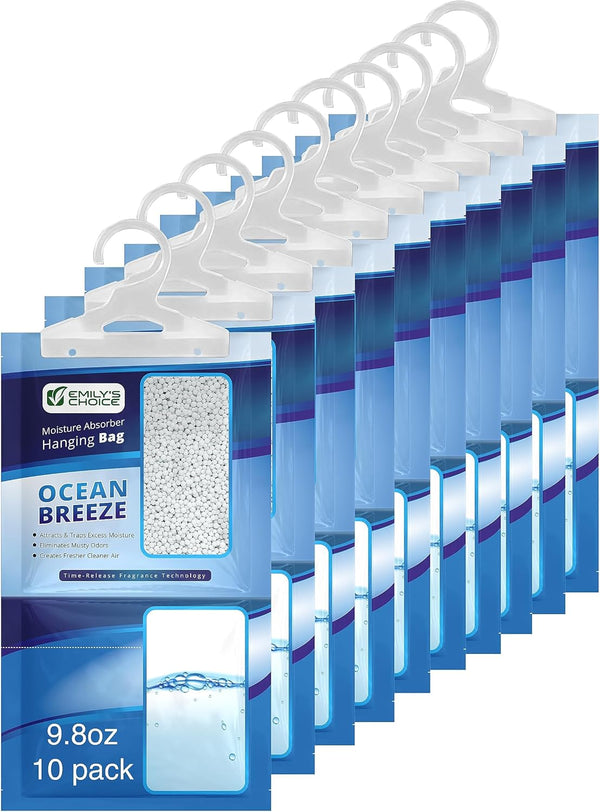 Ocean Breeze Hanging Moisture Absorber, 10 Pack - Eliminates Musty Odors, Ideal for Closet, RV, Boat, 16oz Catch Basin