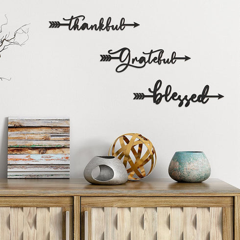 Yookeer 3 Pcs Thankful Grateful Blessed Letter Sign Wood Cutout Sculptures, Rustic Wall Decor for Home Kitchen