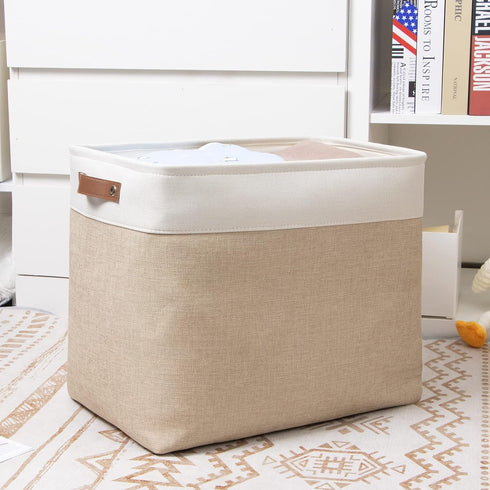 DULLEMELO Large Collapsible Storage Basket - Fabric Organizer Bin with Sturdy Leather Handles for Home Storage