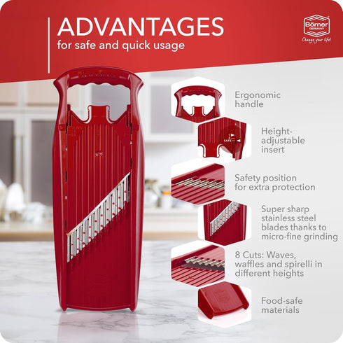 BORNER Wave Waffle PowerLine Vegetable Grater, Quality Made in Germany, Color: Red