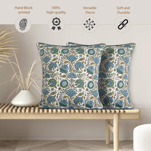 Ridhi Asparagus Green Print Cotton Throw Pillow Covers for Decorative Couch - 18x18 Inches