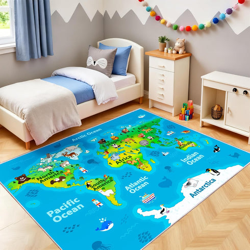 5x7ft Kids Playroom Rug, World Map Play Mat with Cute Animals, Washable Durable Soft Carpet Kid Educational Rugs