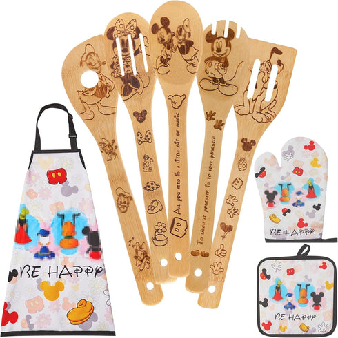 Mouse Wooden Spoons for Cooking, Cartoon Bamboo Utensils Set with Apron, Oven Mitt, Potholder, 8PCS Cute Gifts for