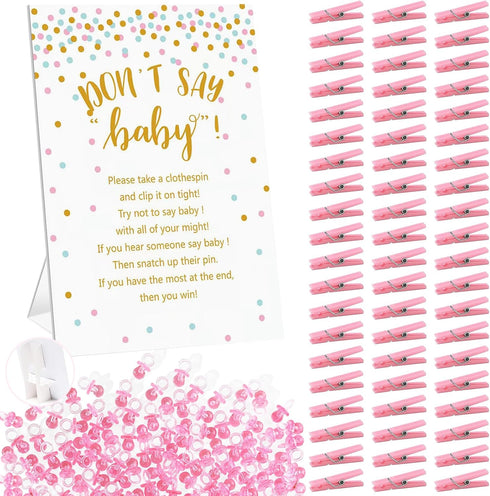Don't Say Baby Shower Clothespin Game for Girl, Includes 8x11 Standing Sign, 60 Mini Pink Clothes Pins and Pacifiers