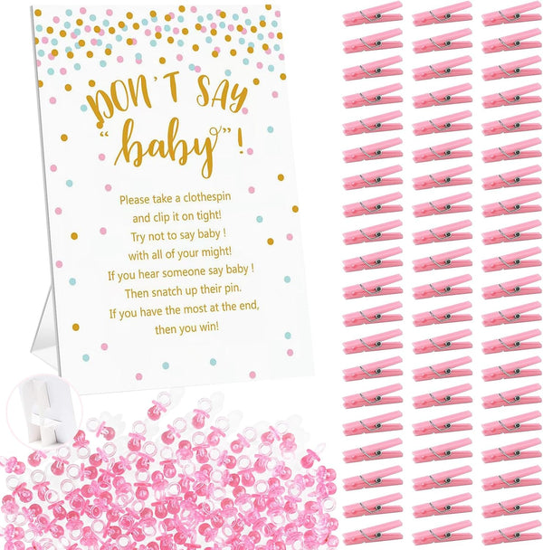 Don't Say Baby Shower Clothespin Game for Girl, Includes 8x11 Standing Sign, 60 Mini Pink Clothes Pins and Pacifiers