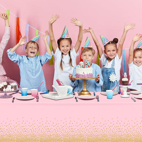 4 Pack 54x108 FunnyPars Pink and Gold Plastic Tablecloth for Parties, Pink Disposable Table Cloth for Rectangle Tables