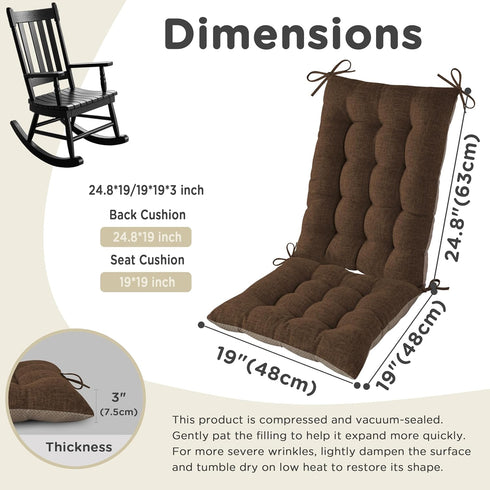 Set 2 AddGrace Non-Slip Rocking Chair Cushion Extra Large Linen Thick Chair Pads Durable High Back Seat Cushions