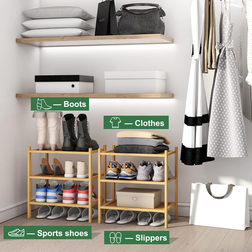 kiplant 3-Tier Closet, Small Shoe Rack, Bamboo Wood Shoe Rack for Entryway, Stackable | Foldable | Natural, Shoe