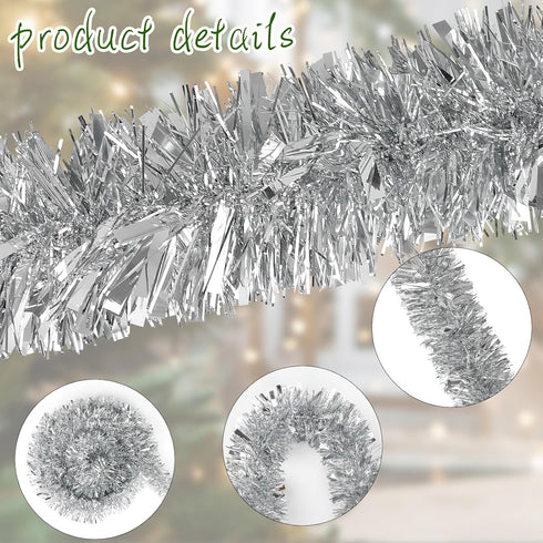 DECORA 33 Feet Silver Tinsel Garland, Metallic Hanging Tinsel for Christmas Tree Home and Party Decoration
