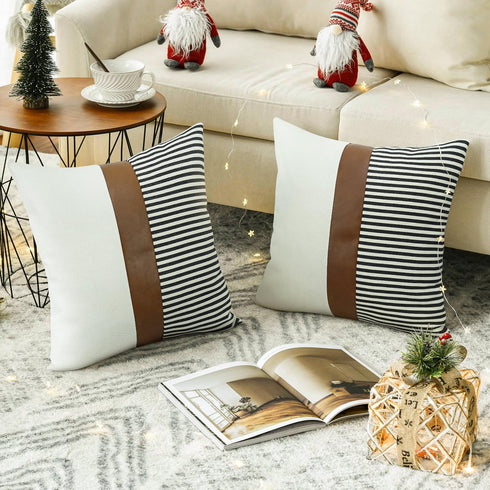 cygnus 20x20 Pillow Covers Set of 2, Farmhouse Decor Stripe Patchwork Linen Throw Covers for Couch Sofa