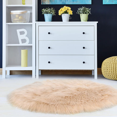 uxcell Faux Fur Round Rug, Fluffy Area Mat, 3 x 3 Feet Khaki, Fluff Rugs for Bedroom Floor Sofa Living Room
