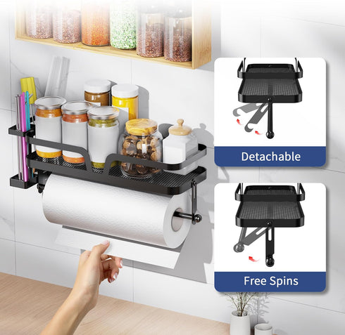 Taozun 4 Paper Towel Holder with Shelf & Side Straw Basket, Black Kitchen Paper Holder Spice Rack Black Paper Towel