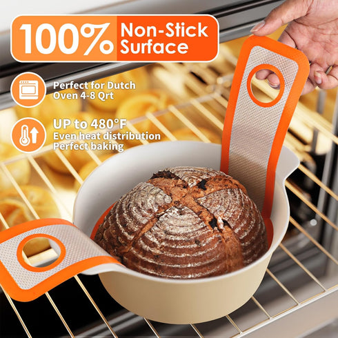Silicone Bread Sling for Dutch Oven - 2 Pack Baking Mats with Silicone Brush and Storage Band, Non-Stick, Heat-Resistant & Easy to Clean, Reusable for Perfect Sourdough Bread Baking Supplies (orange)
