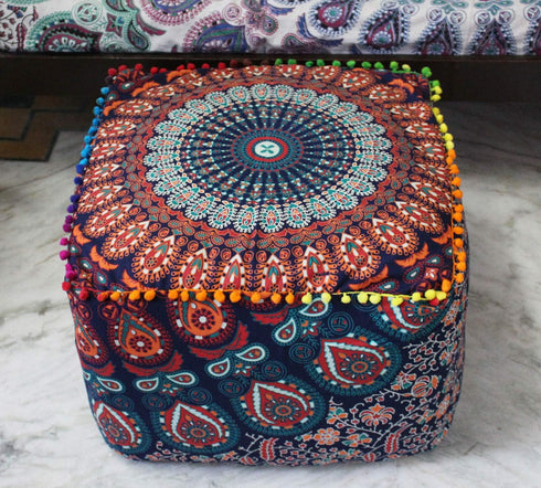CRAFT KALA Indian Square Patchwork Traditional Pouf Cover Indian Living Room Poufs