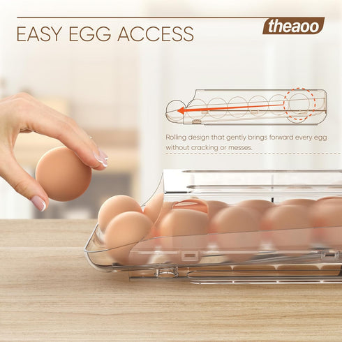 theaoo Egg Holder for Fridge, Automatic Rolling Egg Container for Refrigerator, Clear Plastic Egg Dispenser, Stackable Eggs Organizer with Quick Removable inner Tray For Organizers and Storage,2 Layer