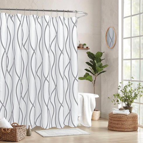 Biscaynebay Extra Long Textured Fabric Shower Curtain 72 W x 84 L, Silver Grey Striped Printed Linen, Machine Washable