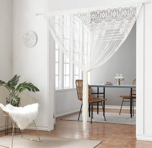 String Door Privacy Lace Curtain - Macrame Boho Doorway Window Curtains for Decorative Room Separation (White)