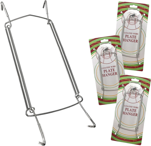 BANBERRY DESIGNS Chrome Vinyl Coated Plate Hanger, 8 to 10 Inch, Set of 4 Pcs, Clear Vinyl Sleeves Protect the Plate
