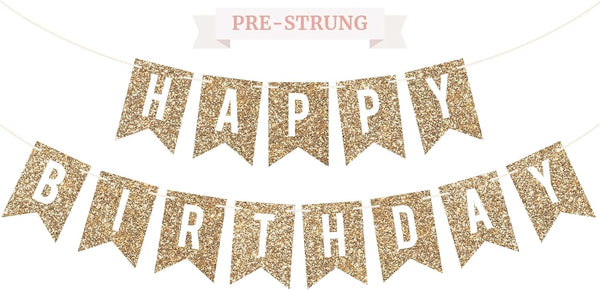 Pre-strung Happy Birthday Banner, Gold Glitter Birthday Party Banner, No DIY, 6 ft Strands