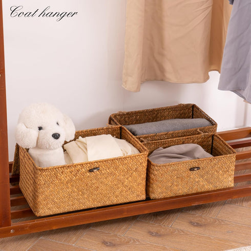 Nonam Set 3, Storage Basket with Lid, Natural Seagrass Bin with Lid of Shelf Baskets Multipurpose Container for Boho