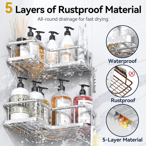 4 (3Pack, YASONIC Corner Shower Caddy Organizer, Self-Adhesive Rustproof Bath Shelves with Soap Holder & Hooks, Large
