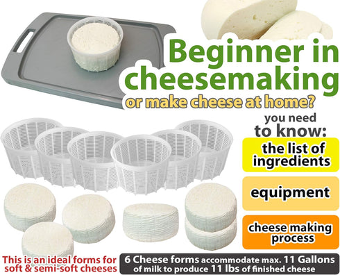 6 1.25QT pcs Soft Cheese Mold for Cheese Making - Small Cheese Mold - Homemade Cheese Making Supplies - Cream Cheese