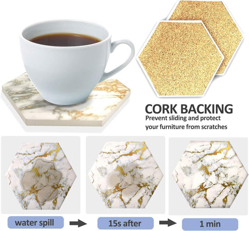 Set 8 Set, Coasters of with Metal Holder Stand, Marble Design Ceramic Coaster Cork Base, Gold Home Decor for Tabletop