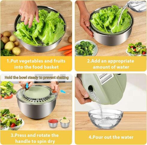 5.3Qt Stainless Steel Salad Spinner Large, Salad Washer Spinner and Dryer, Lettuce Cleaner Spinner, Vegetable Dryer