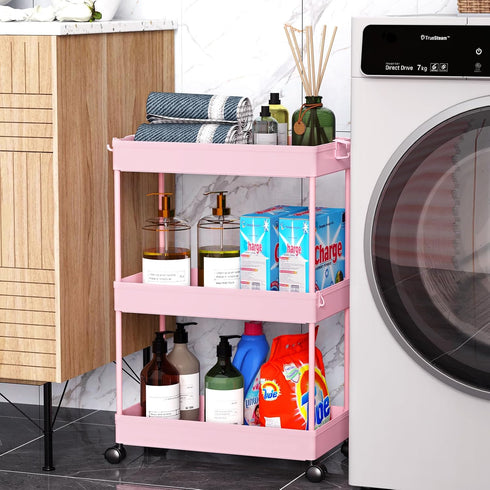 SPACEKEEPER Rolling Storage Cart, 3 Tier Bathroom Organizer, Mobile Shelving Unit for Office, Kitchen, Bathroom, Pink