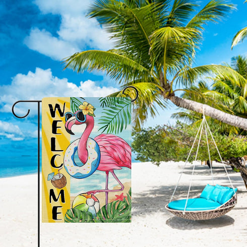 Welcome Summer Flamingo Decorative Garden Flag: Beach Coastal Swim Ring Tropical Palm Leaves 12x18 Inch