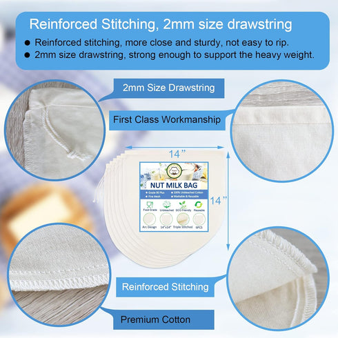 6 Pack 14"x14" Nut Milk Bags, 100% Unbleached Cotton Food Strainer for Almond/Oat/Soy Milk, Reusable Cheesecloth