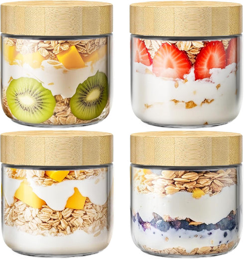 4 Pack 10oz Overnight Oats Containers with Bamboo Lids, Glass Jars with