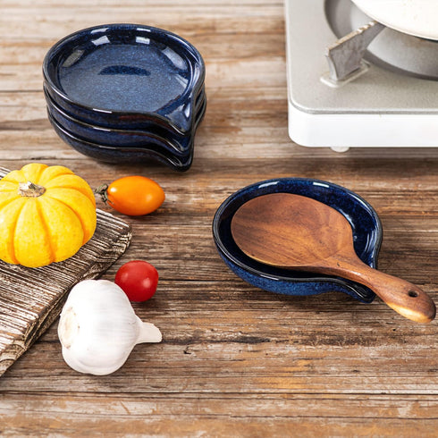 VICRAYS Ceramic Spoon Ladle Rest, Kitchen Stove Holder for Spatula, Dishwasher Safe, 5.2 Inches, Blue Set of 4