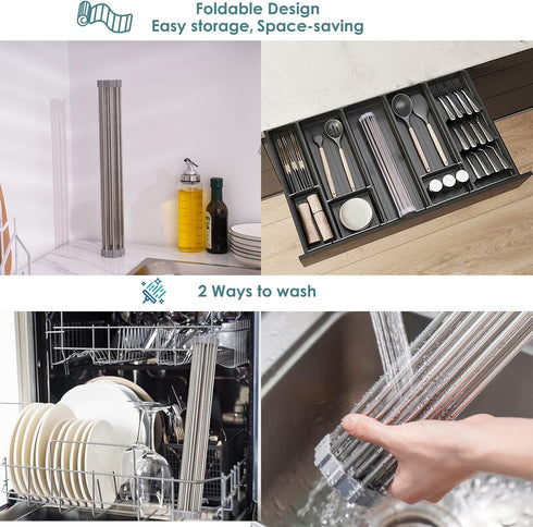 Tomorotec Roll Up Dish Drying Rack, Over The Sink Portable Stainless Steel Kitchen Drainer Organizer