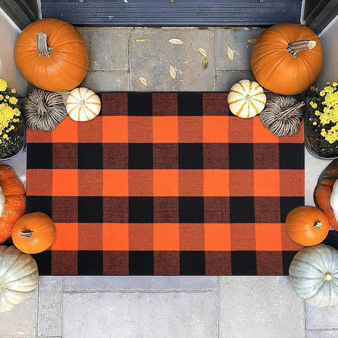 Hand-Woven Cotton Orange and Black Plaid Rug, 27.5 x 43 Inches, Washable Front Door Mat for Porch and Entryway