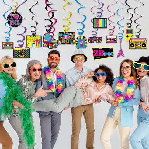 Bessmoso 28PCS 80s Party Decorations – Retro Hanging Swirls & Ceiling Streamers for 1980s Birthday