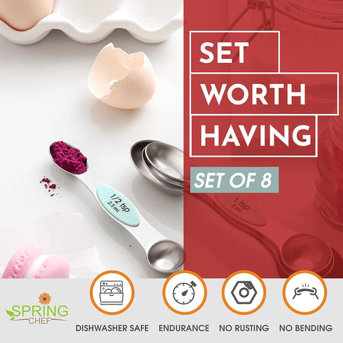 Spring Chef Stainless Steel Magnetic Measuring Spoons Set - 8 Nesting Metal Teaspoon & Tablespoon Kitchen Gadgets in