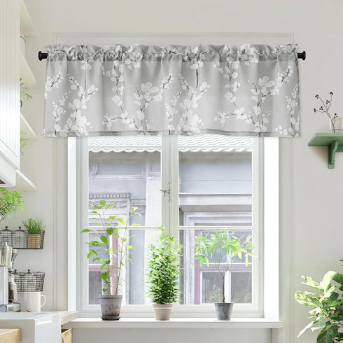 FMFUNCTEX Gray-White Kitchen Valance Curtain - 15-inch Length Blossom Print Canvas Window Top Curtain Rod Pocket, 1 Pack