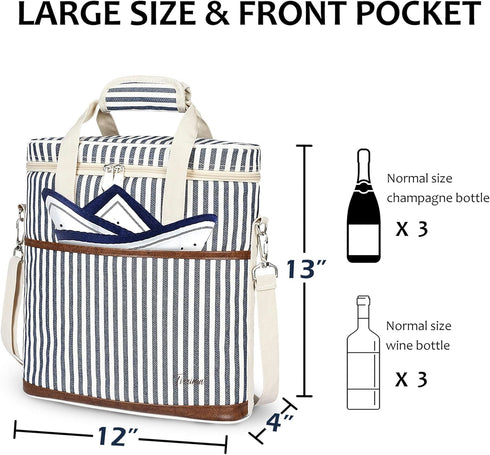 Tirrinia Insulated 3 Bottle Wine Gift Carrier - Padded Travel Cooler Tote Bag with Handle & Adjustable Strap, Stripe