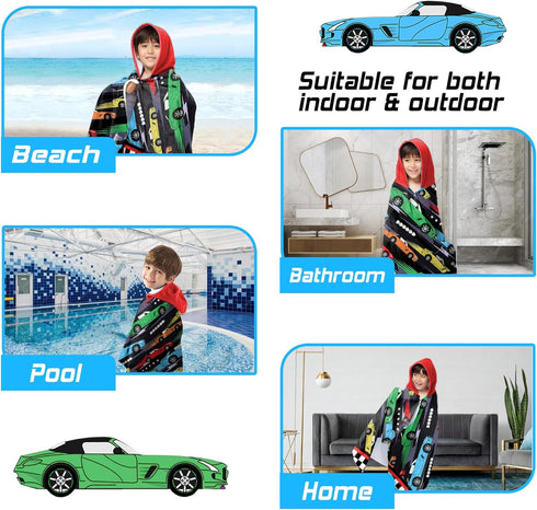 HSUIOFE 100% 35x60 Inch 3-12-Racing Hooded Towels for Kids -Toddler Beach Towel- Super Absorbent & Quick Dry Cotton