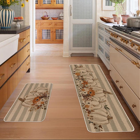 Fall Pumpkins with Flowers Kitchen Rugs, Set of 2, Autumn Harvest Thanksgiving Home Decor Mats