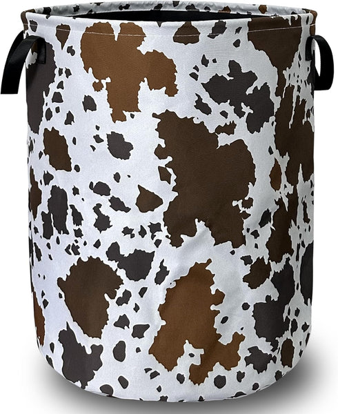 SELIONLIKN Cows Skin Brown Print Laundry Basket Foldable With Handles Tote Bag Oxford