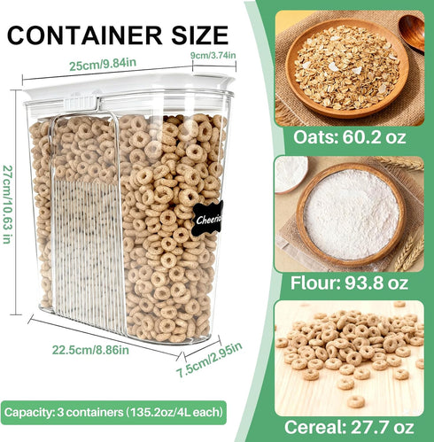 Ducoak 3 (4L/135.2oz) Set Cereal Containers Storage, PCS PET Airtight Food Storage Containers With Lids For Kitchen