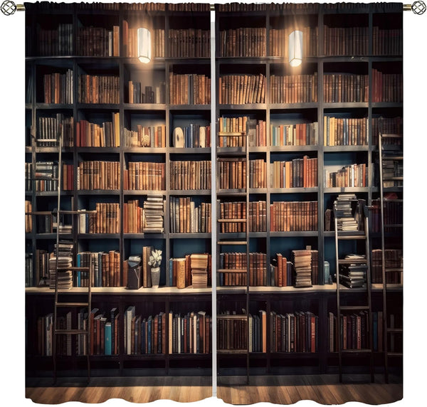 YCness Bookshelf Curtains, Vintage Library with Books Window Treatments for Kids Bedroom, Wooden