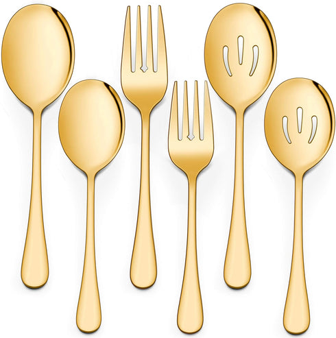 LIANYU 2 Gold Serving Spoons, 2 Gold Slotted Spoons, 2 Gold Forks, 8 3/4 Inch Set for Catering