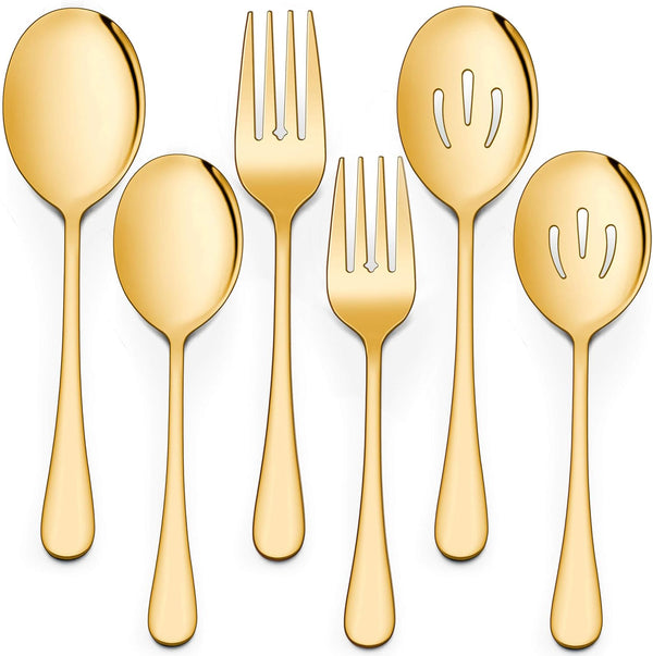 LIANYU 2 Gold Serving Spoons, 2 Gold Slotted Spoons, 2 Gold Forks, 8 3/4 Inch Set for Catering